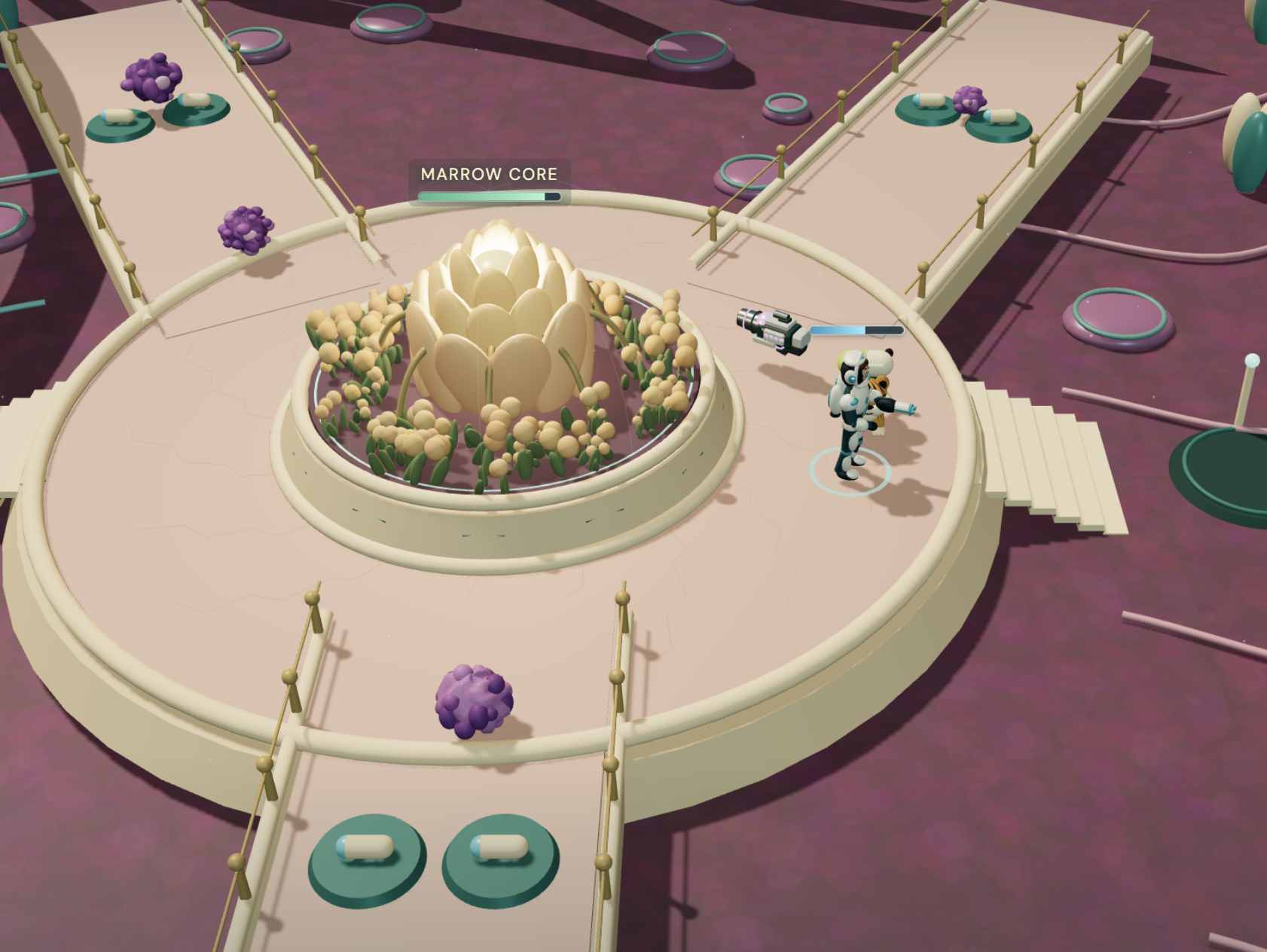 Marrow Garden gameplay: a guardian and tiger companion protect the Marrow Core garden from approaching cells